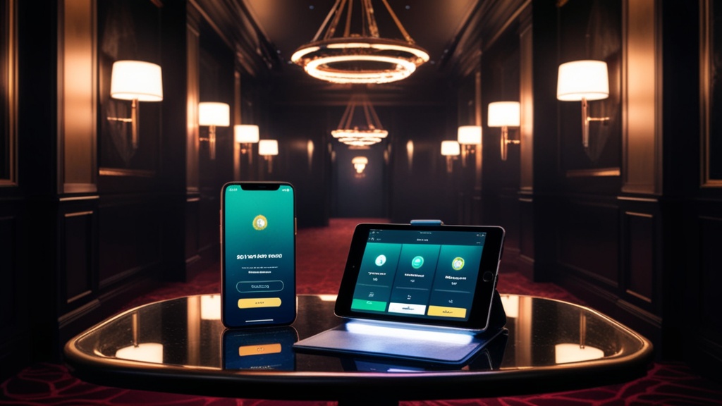 Smartphone en tablet met app-downloadschermen in een donker casino-interieur