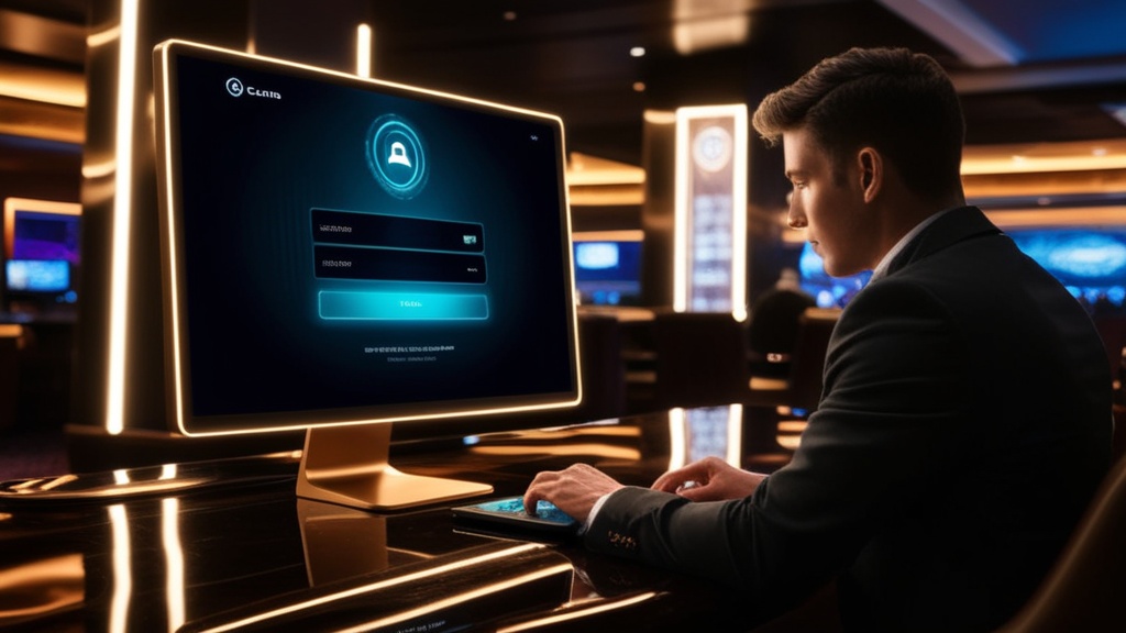 Donkere casino-lobby met inlogscherm en beveiligingsicoontjes