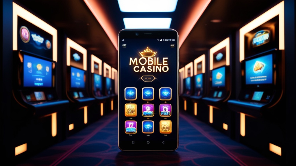 Smartphone met mobiele casinofuncties in een donker casino-interieur